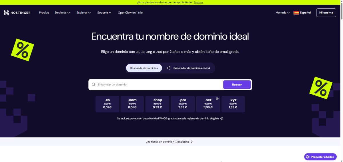 Sitio web de hostinger, dominios