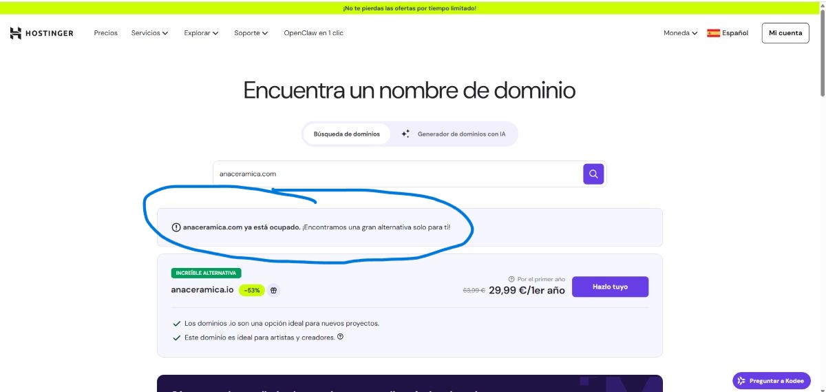 Resultado búsqueda de dominio